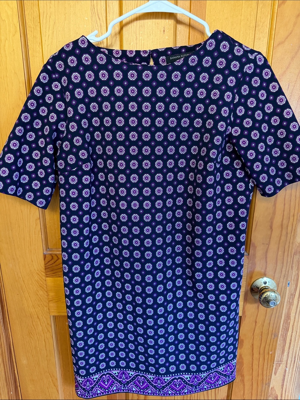 Banana Republic Navy Printed Short-Sleeve Shift Dress with Purple Accents